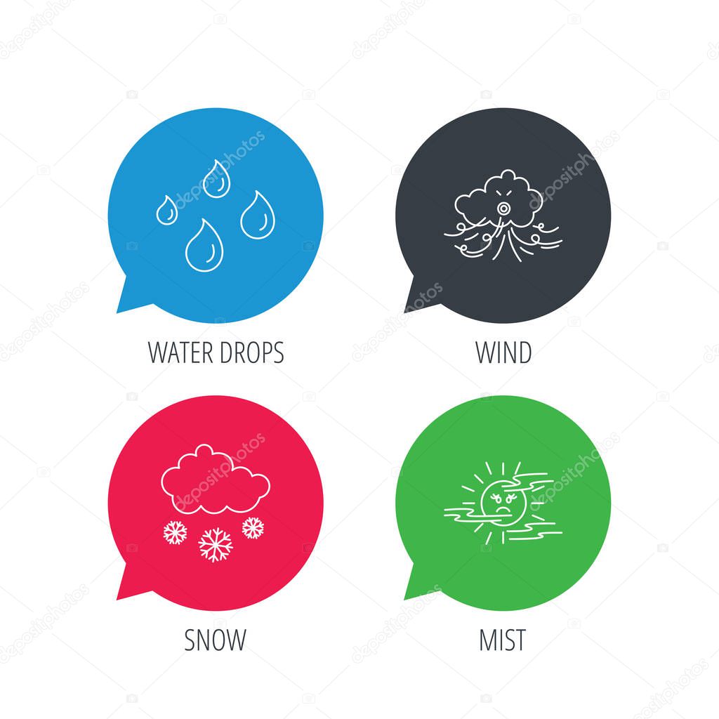Colored speech bubbles. Weather, snow and rain icons. Water drops and mist linear signs. Flat web buttons with linear icons. Vector