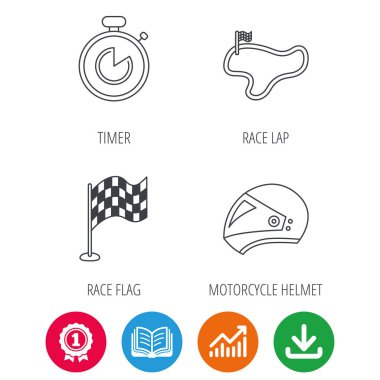 Yarış bayrak, zamanlayıcı ve motosiklet kask simgeleri.
