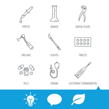 Termometre, hap ve diş pense simgeler.
