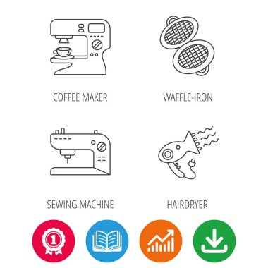 Kahve makinesi, dikiş makinesi ve saç kurutma makinesi simgeler.