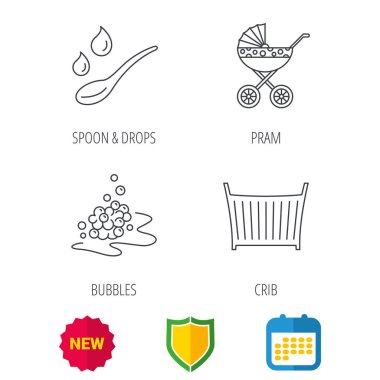 Çocuk arabası taşıma, kaşık ve damla simgeler.