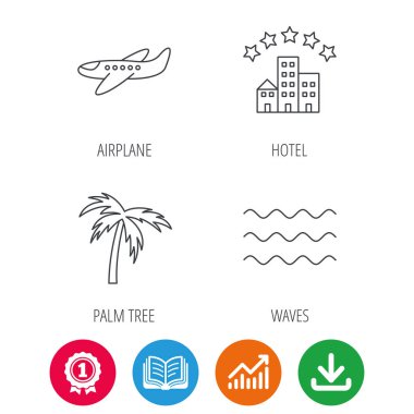 Uçak, dalgalar ve palmiye ağacı simgeleri.