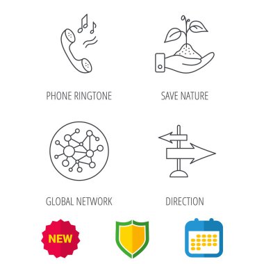 Telefon, genel ağ ve yön simgesi.