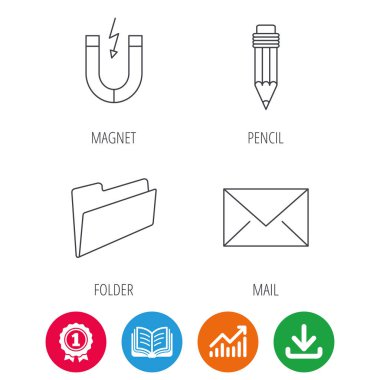 Klasör, kalem ve posta zarf simgeleri.