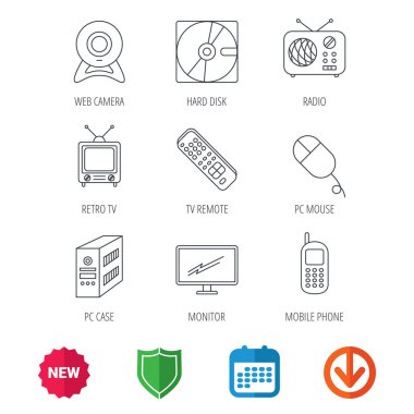 Örümcek ağı fotoğraf makinesi, radyo ve hareket eden telefon simgeleri.