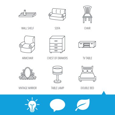 Çift Kişilik Yatak, Masa lambası ve koltuk simgeler.