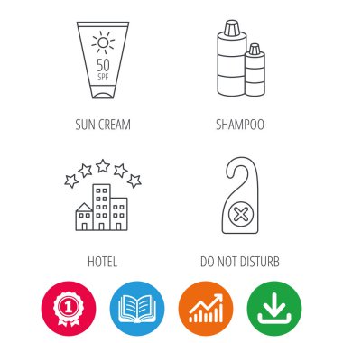 Simgeler otel, şampuan ve güneş kremi.