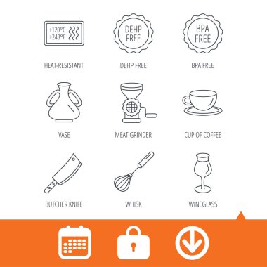 Kahve fincanı, kasap bıçağı ve bardağı simgeler.