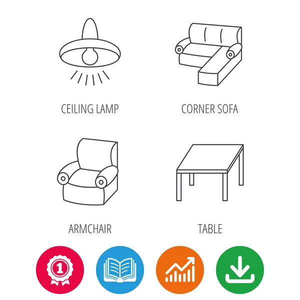 Hörn soffa, bord och fåtölj ikoner. — Stock vektor