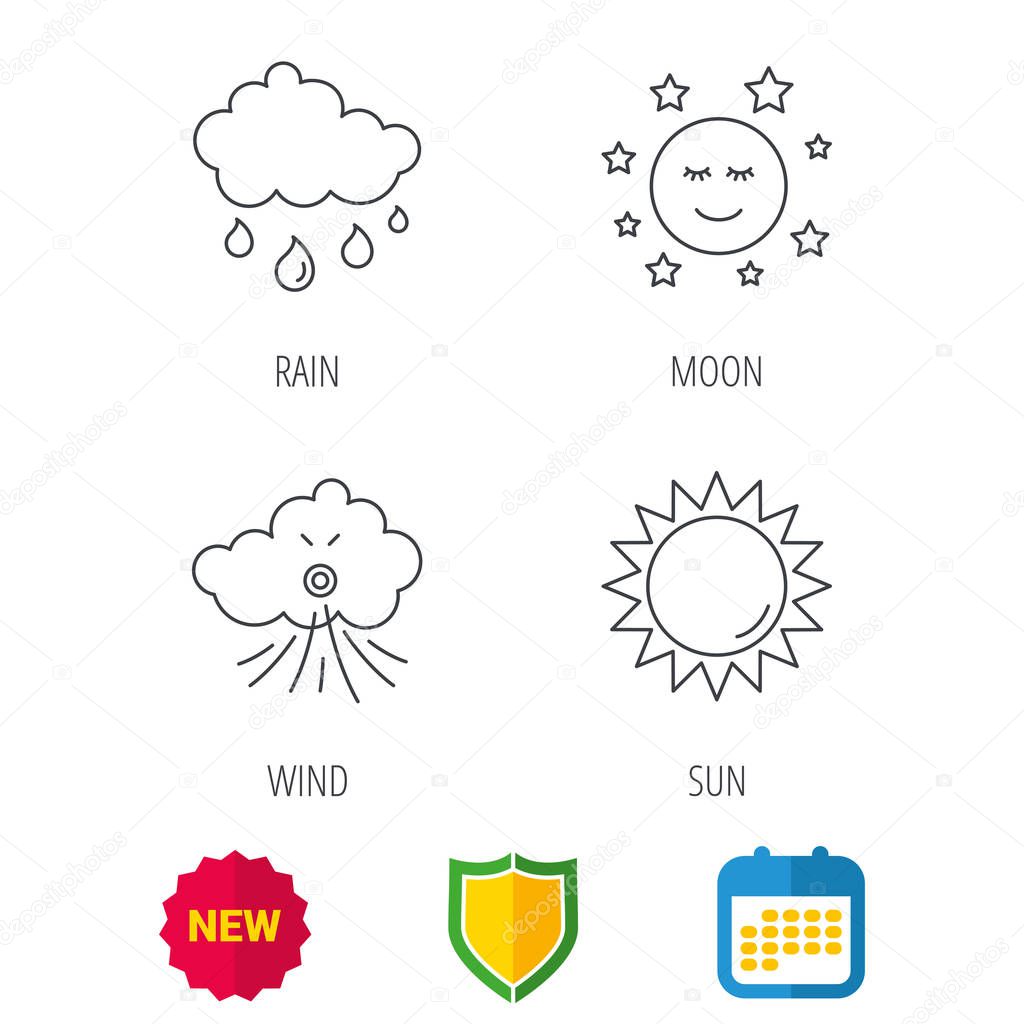 Weather, sun and rain icons. Moon night and wind linear signs. Shield protection, calendar and new tag web icons. Vector