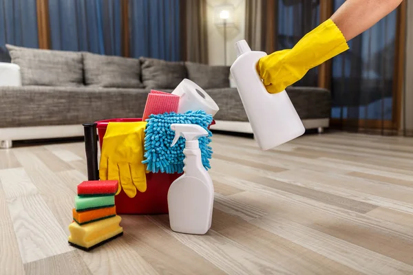 Cleaning service. Sponges, chemicals and plunger.