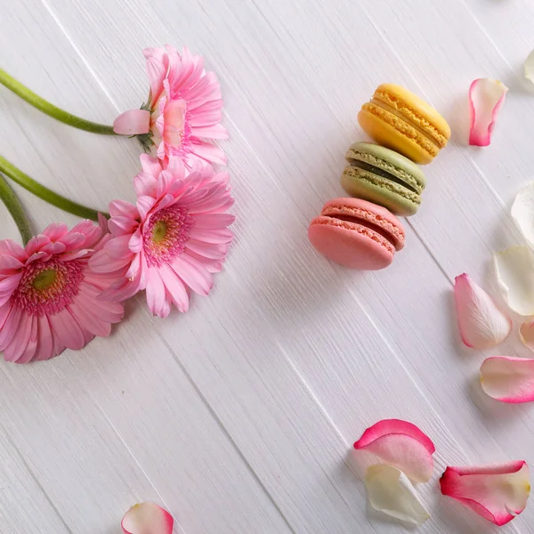 Makronenkuchen mit rosa Gerbera-Blüten. — Stockfoto