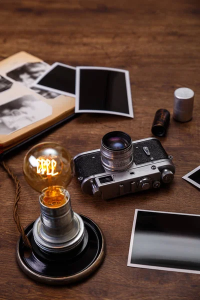 Vintage photo camera. Blank photo frames.