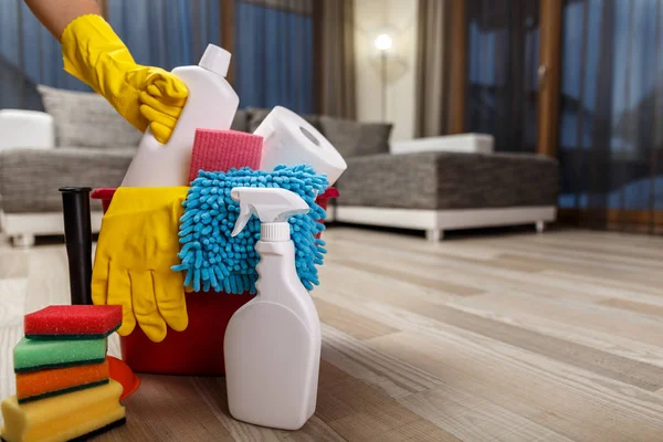 Cleaning service. Sponges, chemicals and plunger.