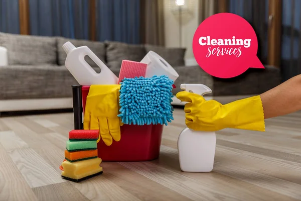 Cleaning service. Sponges, chemicals and plunger. — Stock Photo, Image
