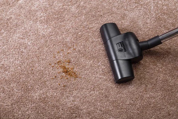 Vacuuming carpet with vacuum cleaner. Housework.