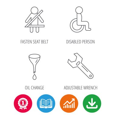 Emniyet kemeri, yağ değişimi ve İngiliz anahtarı simgeler aracı.
