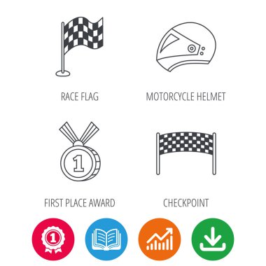 Yarış bayrak, denetim noktası ve motosiklet kask.