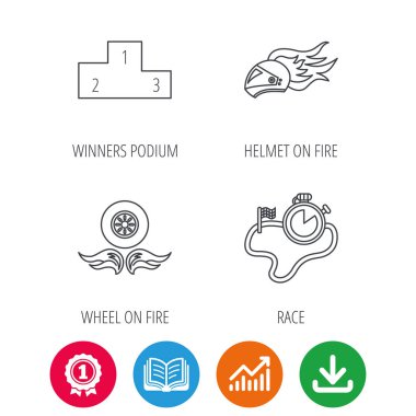 Kazanan podyum, yarış zamanlayıcı ve tekerlek üzerinde ateş.