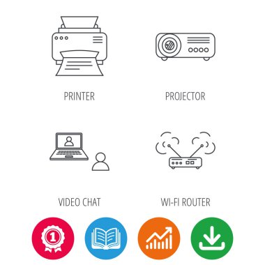 Projektör, yazıcı ve wi-fi yönlendirici simgeler.