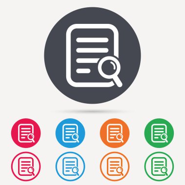 Dosya arama simgesi. Büyüteç ile belge sayfası.