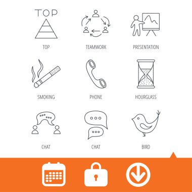 Ekip çalışması, sunum ve telefon simgeleri.