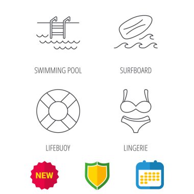 Sörf tahtası, Yüzme Havuzu ve bikini simgeler.