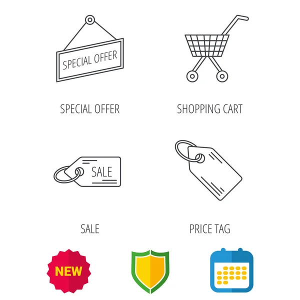 Shopping cart, prijskaartje en verkoop coupon pictogrammen. — Stockvector