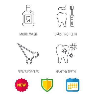 Gargara, sağlıklı dişler ve peans forseps simgeler.