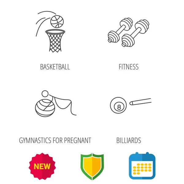 Iconos de billar, baloncesto y deporte fitness . — Vector de stock