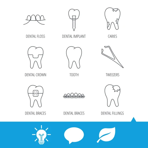 Dentala implantat, tandtråd och tand ikoner. Hängslen. — Stock vektor
