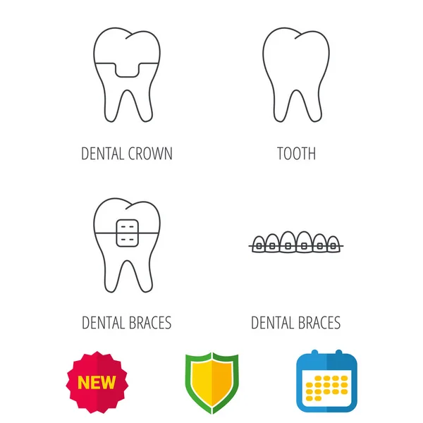 Corona dental, aparatos ortopédicos e iconos dentales . — Vector de stock