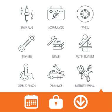 Akümülatör, spanner aracı ve araba servisi simgeleri.