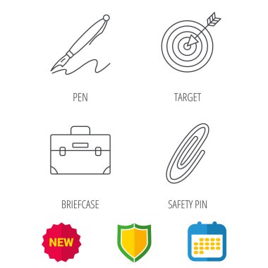 Evrak çantası, çengelli iğne ve hedef simgeler.