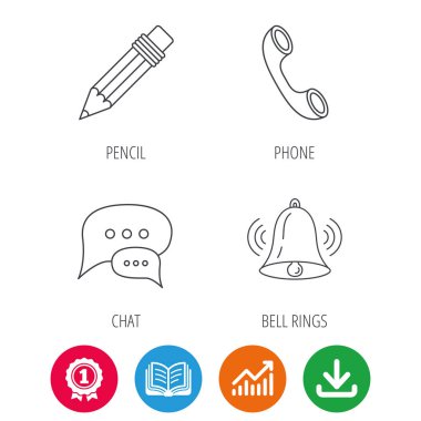 Sohbet konuşma balonları, çan ve kalem simgeleri.