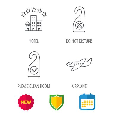 Otel, uçak ve temiz oda simgeleri.
