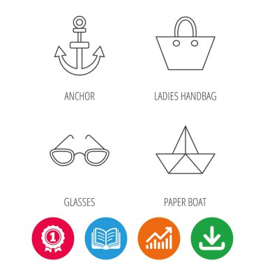 Kağıt tekne, çapa ve gözlük simgeleri.