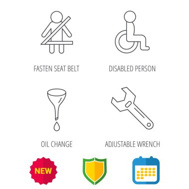 Emniyet kemeri, yağ değişimi ve İngiliz anahtarı simgeler aracı.