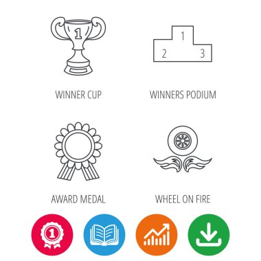 Kazanan Kupası, podyum ve ödül madalya simgeleri.