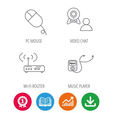 Kablosuz yönlendirici, görüntülü sohbet ve müzik oyuncu simgeleri.
