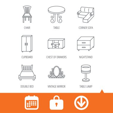 Köşe kanepe, masa ve dolap simgeler.