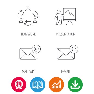 Ekip çalışması, sunum ve e-posta kutsal kişilerin resmi.