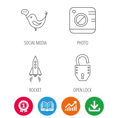 Fotoğraf, sosyal medya ve roket simgeler.
