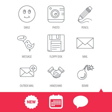 Fotoğraf kamera, kalem ve el sıkışma simgeleri.