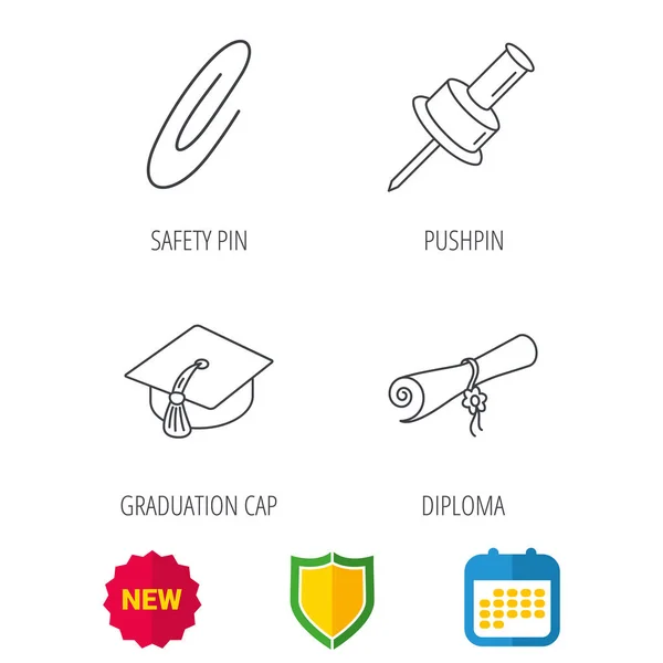 Graduation cap, pushpin and diploma icons. — Stock Vector