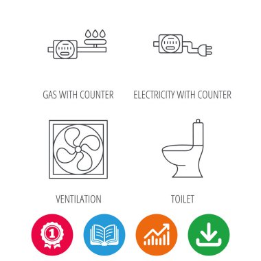Havalandırma, tuvalet ve gaz sayacı simgeleri.