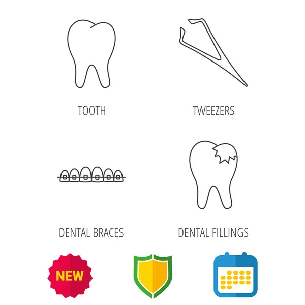 Dental braces, fillings and tooth icons. — Stock Vector