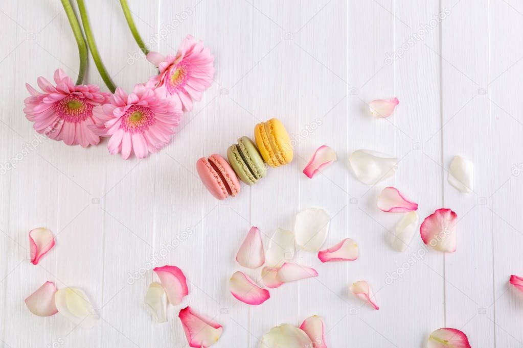 Macaroon cakes with pink Gerbera flowers.