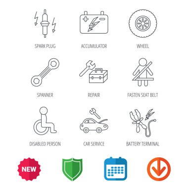 Akümülatör, spanner aracı ve araba servisi simgeleri.
