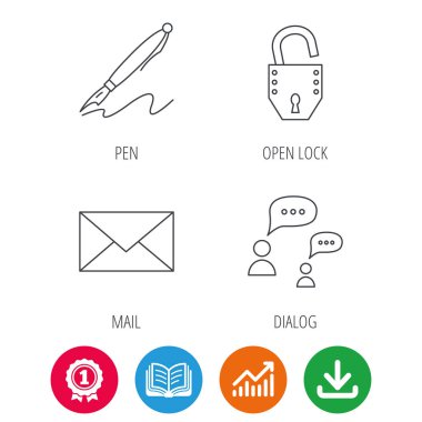 İletişim, posta zarf ve açık kilit simgeleri.